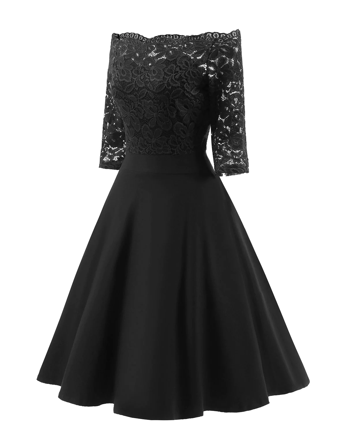 Vintage Short Black Bridesmaid Dresses One Shoulder Lace Party Dress with Sleeves - View 2 | VelvetHem