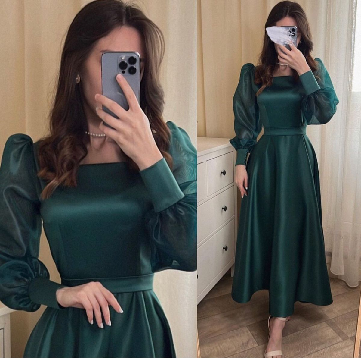 Simple A-line Green Square Neckline Satin Prom Dress - VelvetHem
