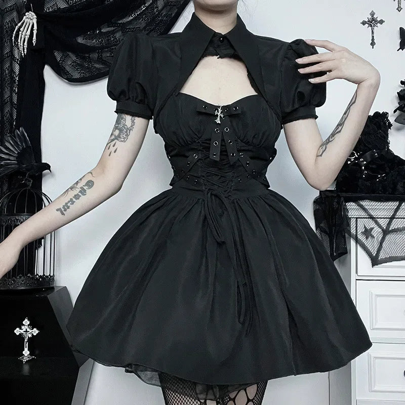 Dark Gothic Spaghetti Strap Elegant Grunge Ruched Bandage Punk Steampunk Dress - VelvetHem