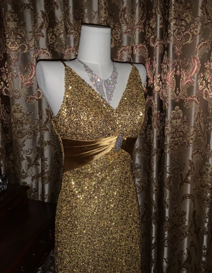 Glitter V Neck Sequin Beaded Gold Mermaid Party Dress Long Evening Dress - View 7 | VelvetHem