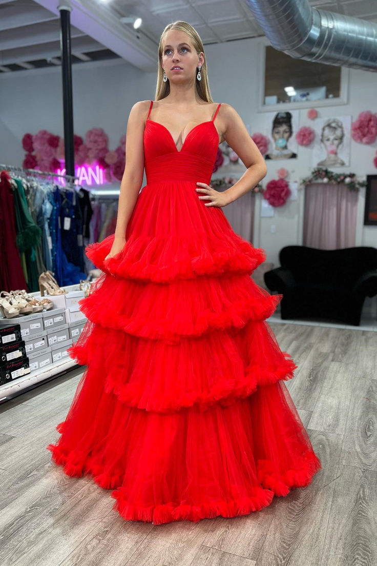 Red A-line Ruffle Layers Plunging V Neck Straps Long Prom Dress - VelvetHem