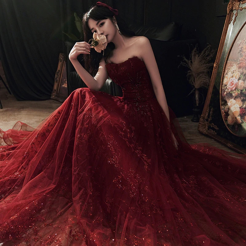 Wine Red Floral Lace and Tulle Long Evening Gown Party Dress Burgundy Formal Dresses Y1661