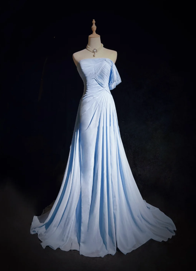 Classy Sky Blue One Shoulder Chiffon Pleated Mermaid Party Dress Long Wedding Guest Dress Evening Gown