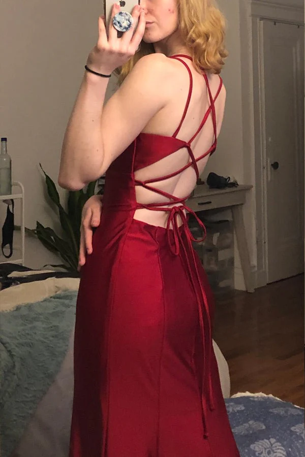 Burgundy mermaid long prom dress spaghetti straps simple prom dress