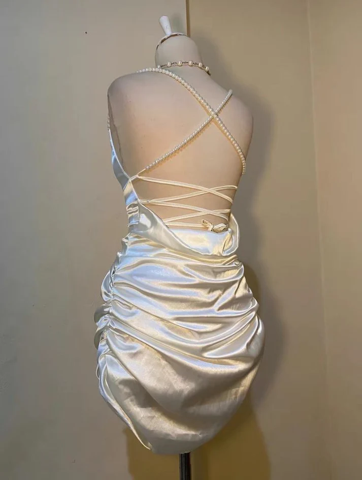 Sexy White Short Satin Sheath Birthday Dress Short Prom Dress Homecoming Dress - View 2 | VelvetHem