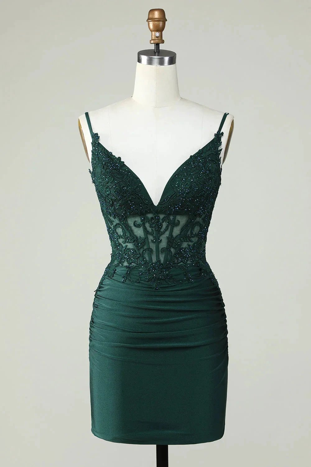 Bodycon Dark Green Spaghetti Straps Corset Homecoming Dress with Beading (ZD11541) - VelvetHem