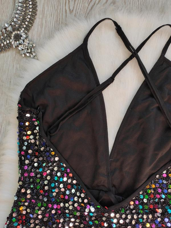 Black shiny multi colored evening short sexy mini dress neckline sequins party dress cc63 - View 4 | VelvetHem