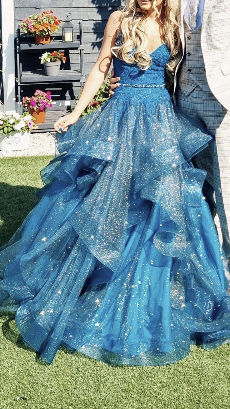 Shiny Blue V-neck Tulle Appliques Sequins Long Prom Dress Spaghetti Strap Evening Dress Y8051 - VelvetHem