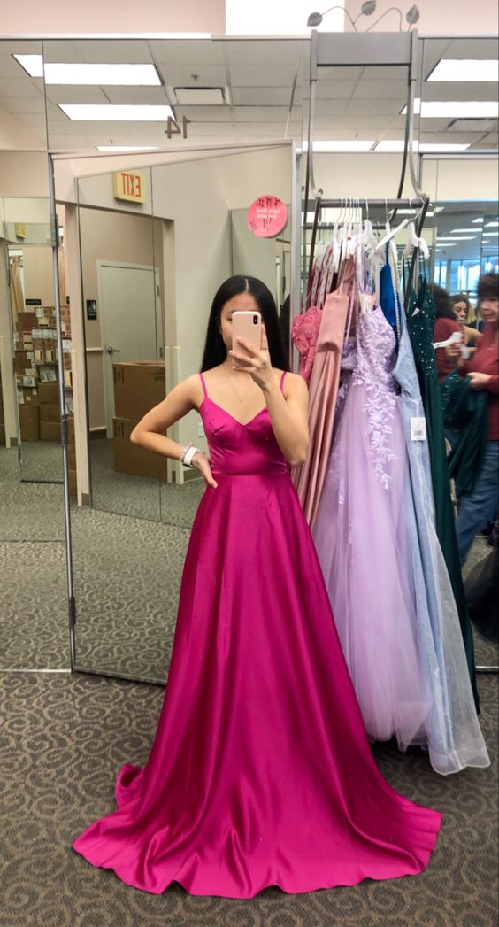 Fuchsia V Neck Straps A-line Satin Long Prom Dress - VelvetHem