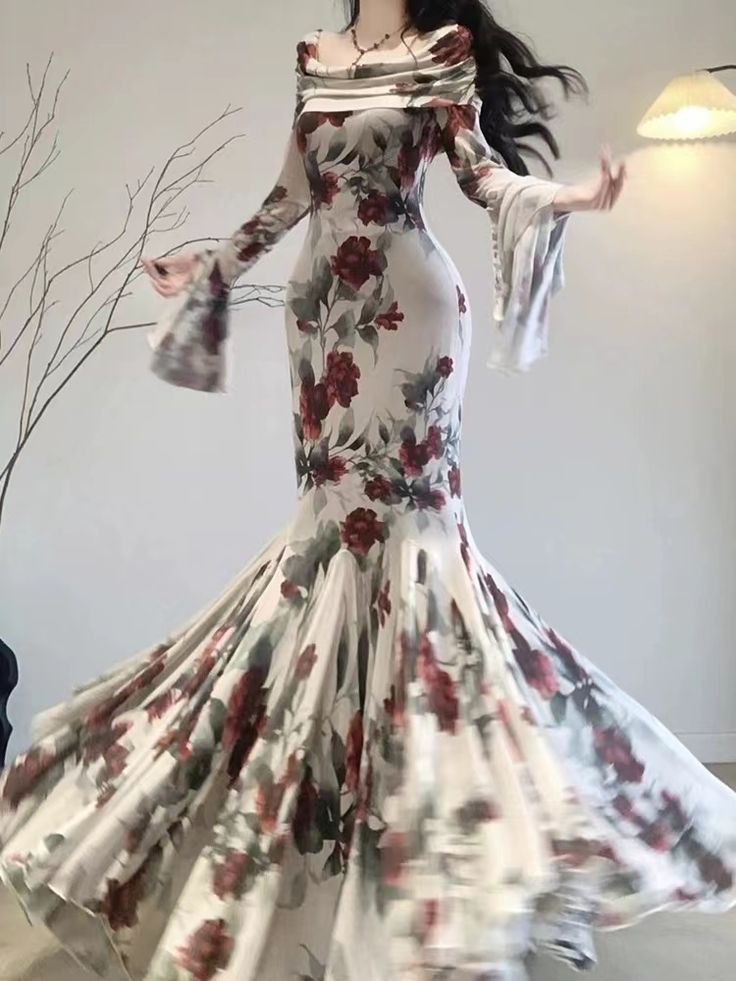 Vintage Mermaid Print Floarl Evening Dress Formal Prom Dress - VelvetHem