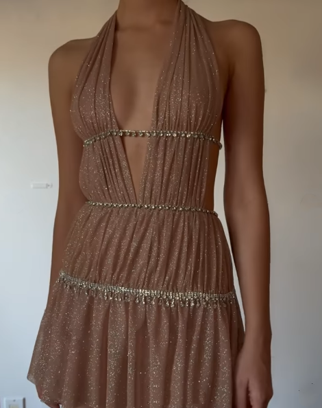 Shiny Halter Deep V Tulle Beaded Short 7th Grade Homecoming Dress Sexy Cocktail Dress - View 5 | VelvetHem