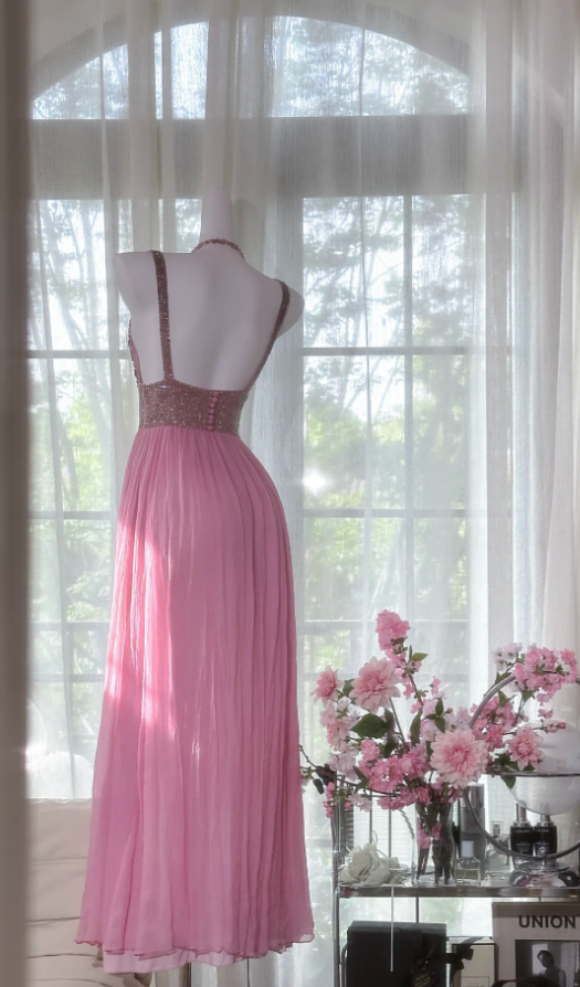 Pretty Pink V Neck Sequin Chiffon A Line Long Wedding Guest Dress Formal Party Dress Prom Dresses - View 6 | VelvetHem