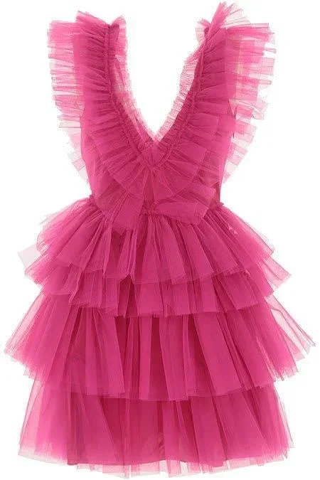A Line V Neck Tiered Homecoming Dress Tulle Short Prom Party Dresses (ZD12405) - VelvetHem