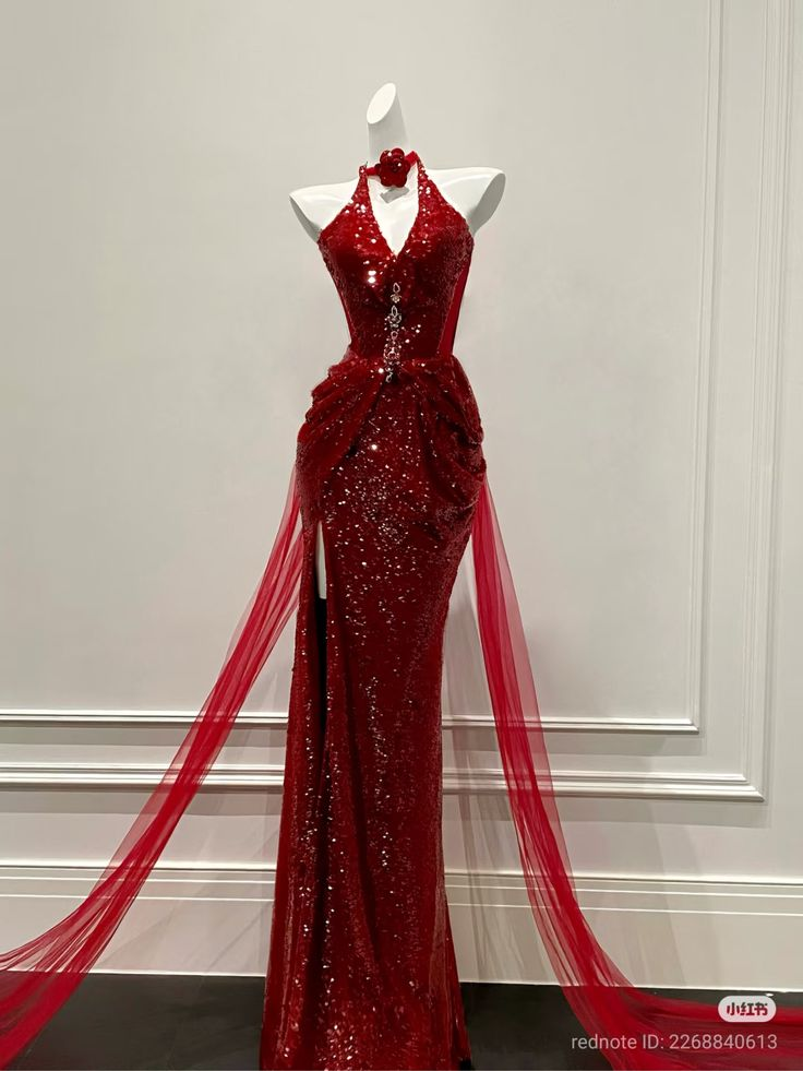 Sexy Halter Sequin Evening Dress Red Mermaid Slit Prom Dress - VelvetHem