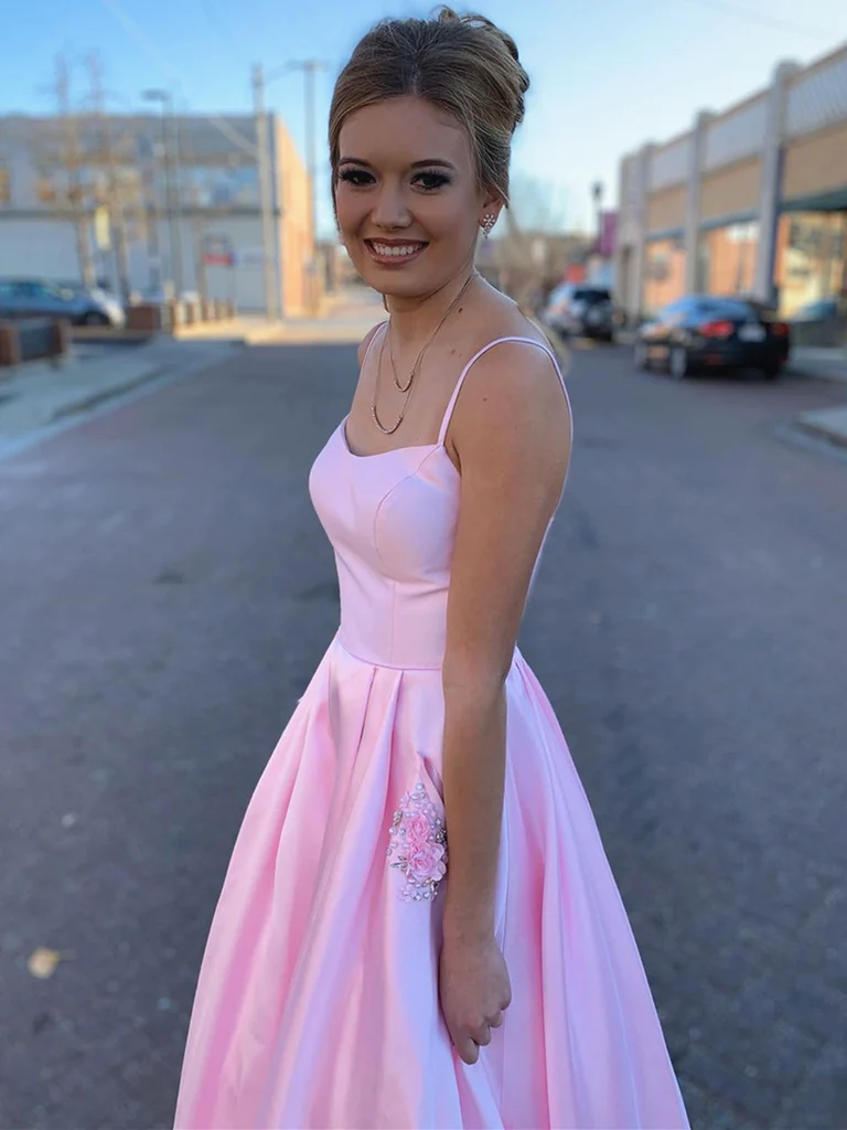 Pink Satin Prom Dress with Pockets, Pink Satin Long Formal Evening Dresses Y237 - VelvetHem