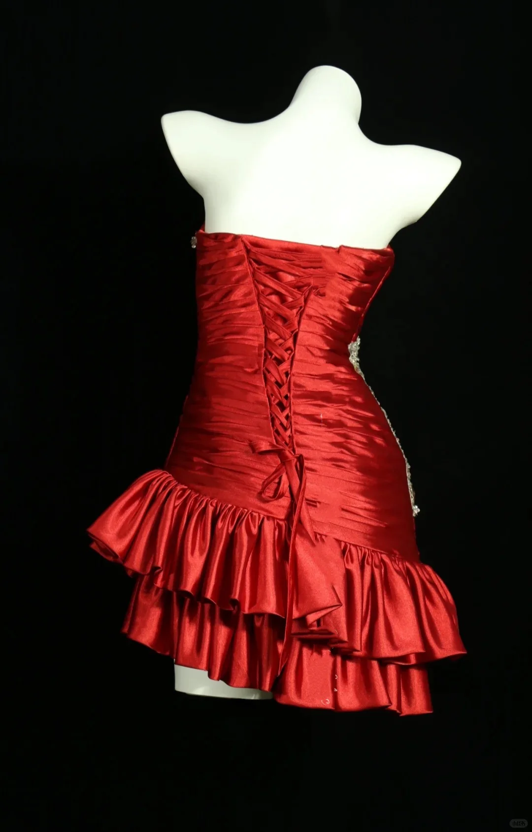 Vintage Strapless Red Satin Pleated Ruffle Cocktail Dress Sheath Short 8th Grade Homecoming - View 2 | VelvetHem