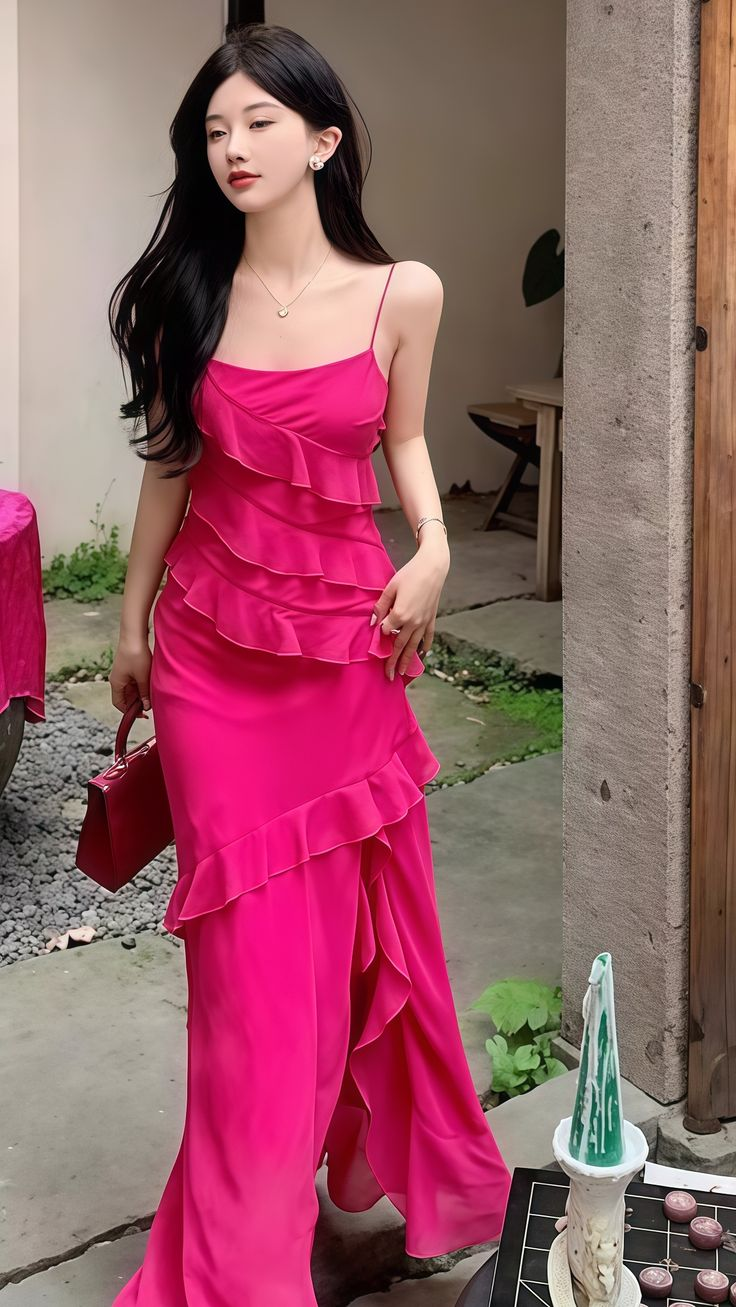 Pretty Hot Pink Ruffles Long Party Dress Chiffon Slit Prom Evenign Dress - VelvetHem