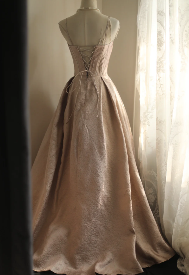 Beautiful Spaghetti Strap Pink Satin Floral A Line Long party Dress Birthday Prom Dress - View 3 | VelvetHem