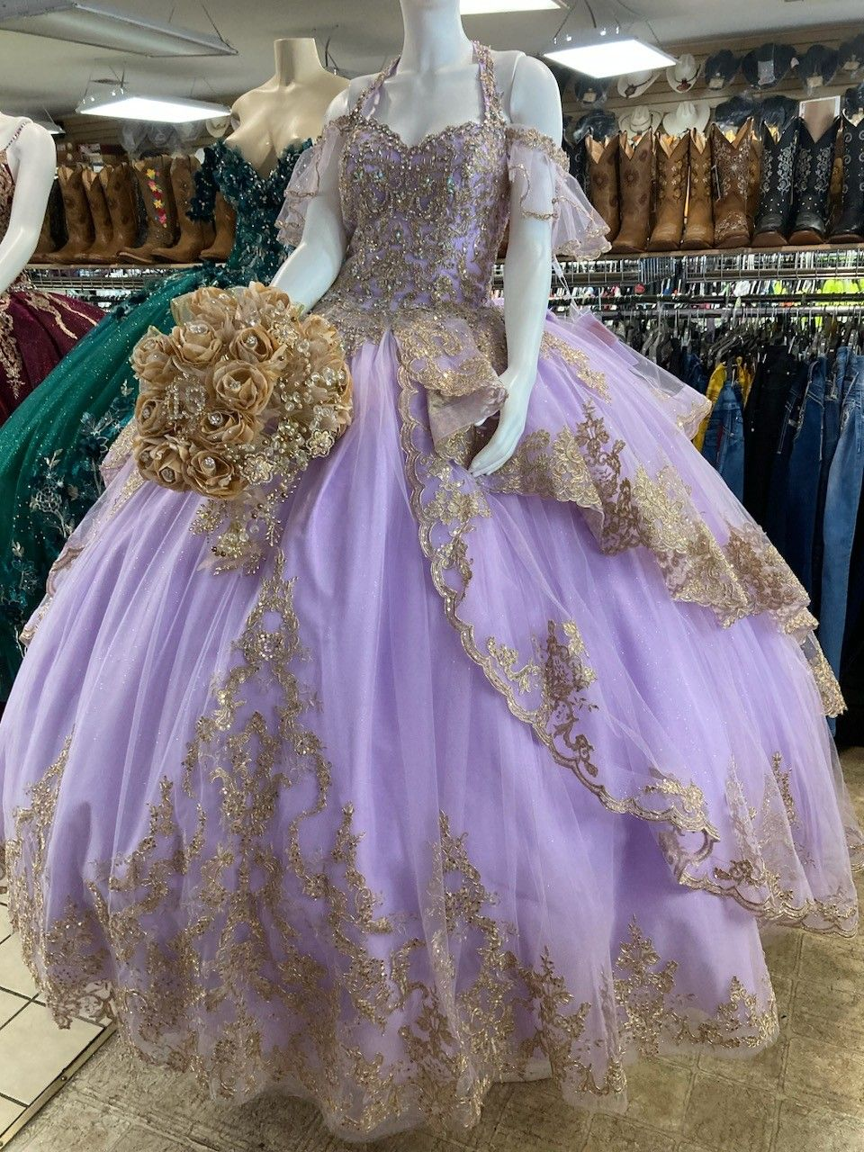Lilac and Gold Lace Quinceanera Dress Ball Gown For Sweet 15 16 - VelvetHem
