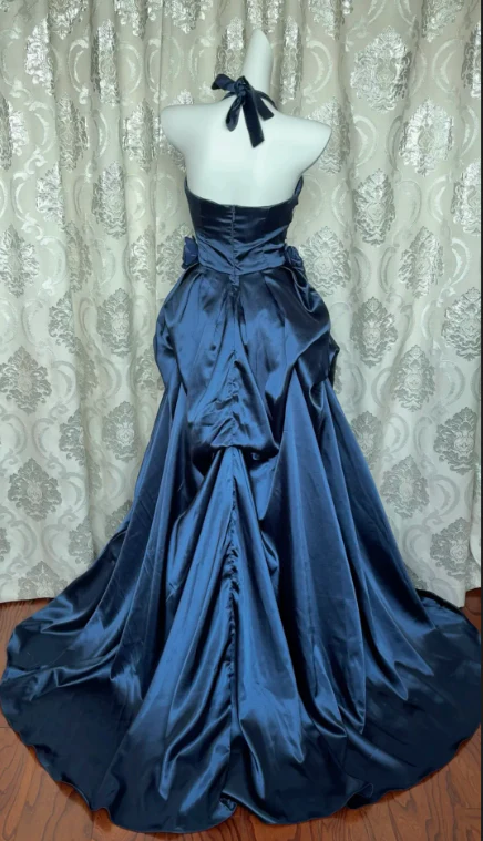 Retro Halter Navy Blue Satin Pleated Ball Gown Long Party Dress - View 3 | VelvetHem