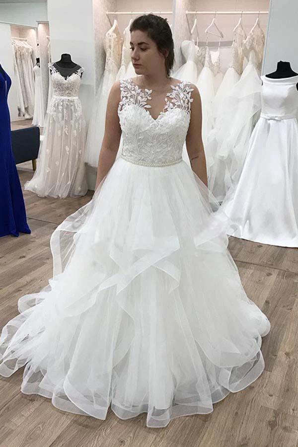 A-line Appliques Ruffles Organza Floor Length Wedding Dress (ZD15370) - VelvetHem