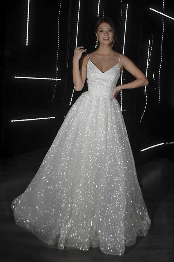 A Line Backless Beach Wedding Dress V Neck Sequins Ivory Wedding Gowns (ZD16033) - VelvetHem