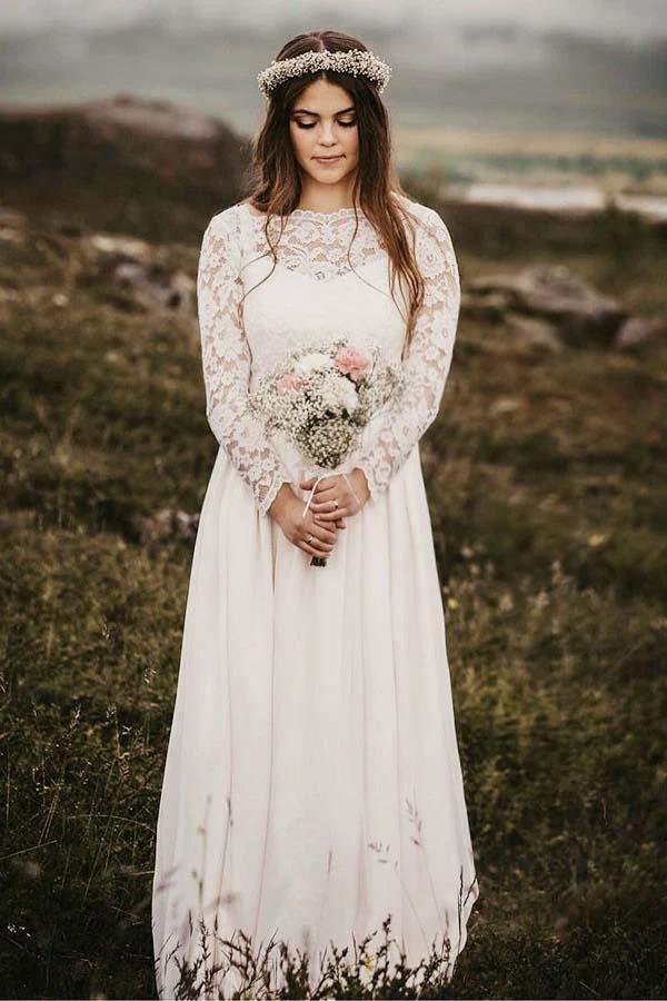 A-Line Bateau Floor Length Chiffon Wedding Dress with Long Sleeves (ZD15390) - VelvetHem