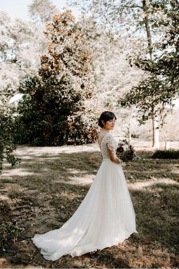 A Line Bateau Long Sleeve Rustic Lace Wedding Dresses Bridal Dress (ZD16272)