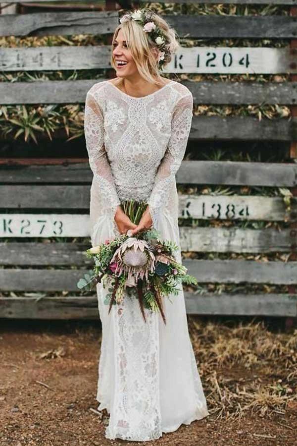 A-Line Bateau Long Sleeves Backless Chiffon Wedding Dress with Lace (ZD15365) - VelvetHem