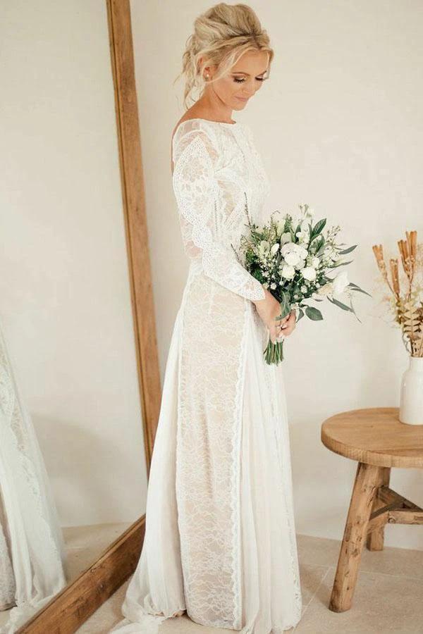 Sheath Bateau Long Sleeves Backless Chiffon Wedding Dress with Lace (ZD16017)