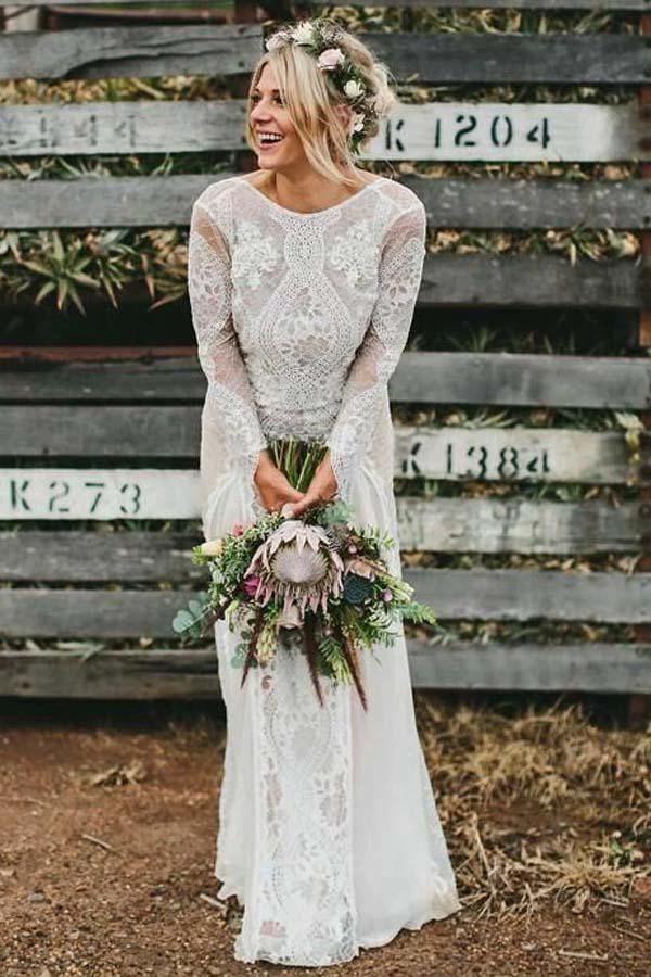 Sheath Bateau Long Sleeves Backless Chiffon Wedding Dress with Lace (ZD16017) - VelvetHem