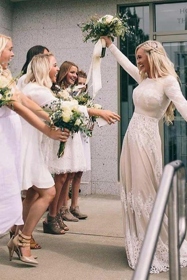 A-Line Bateau Long Sleeves Ivory Tulle Wedding Dress with Appliques (ZD15340) - VelvetHem