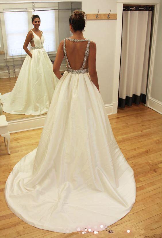 A-line Beads Sleeveless V-neck Sweep-Train Wedding Dress (ZD16067) - VelvetHem
