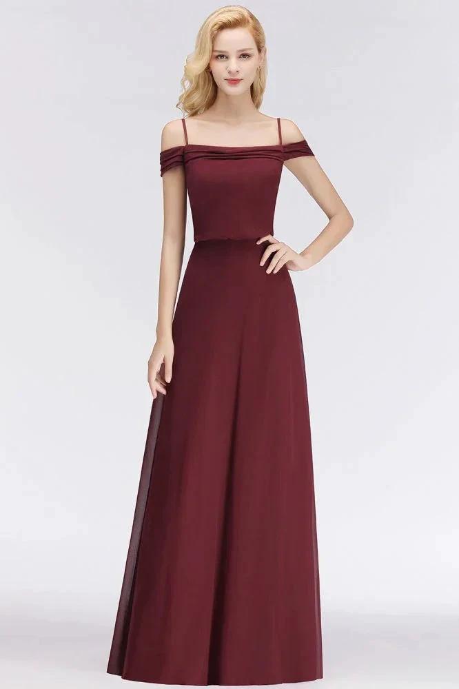 A-line Burgundy Bridesmaid Dress Off-the-shoulder Floor Length Party Dress by misshow.com