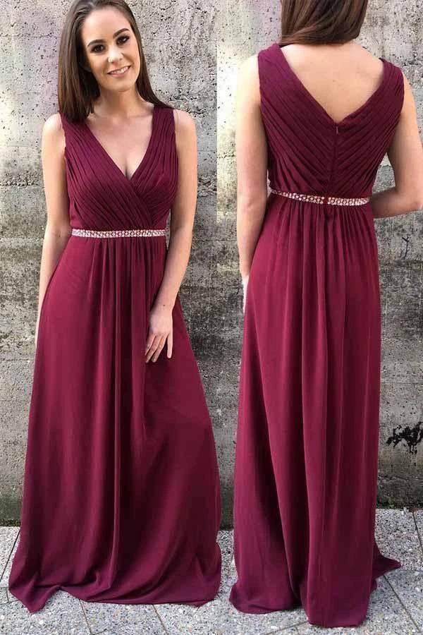 A-line Burgundy Chiffon Prom Dresses Long Bridesmaid Dresses (ZD13236) - VelvetHem