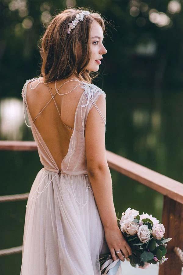 A-line Cap Sleeves Silver Long Tulle Beach Wedding Dress (ZD15387)