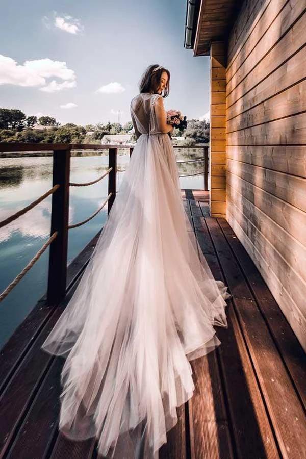 A-line Cap Sleeves Silver Long Tulle Beach Wedding Dress (ZD15387)