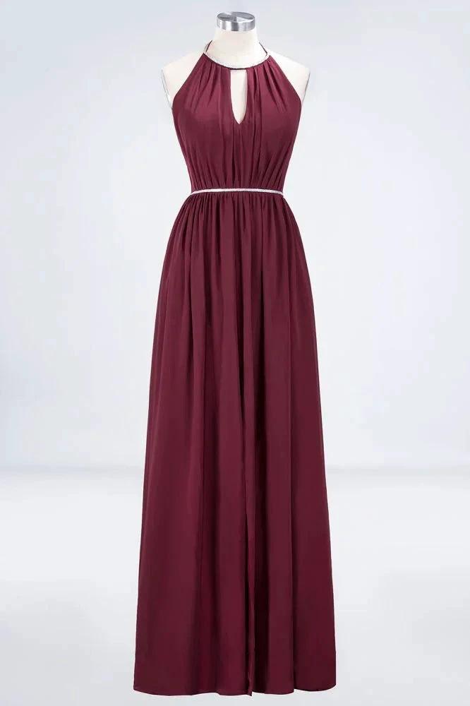 A-line Chiffon Halter Sleeveless Floor-Length Bridesmaid Dress with Beading Sash (ZD13115) - VelvetHem