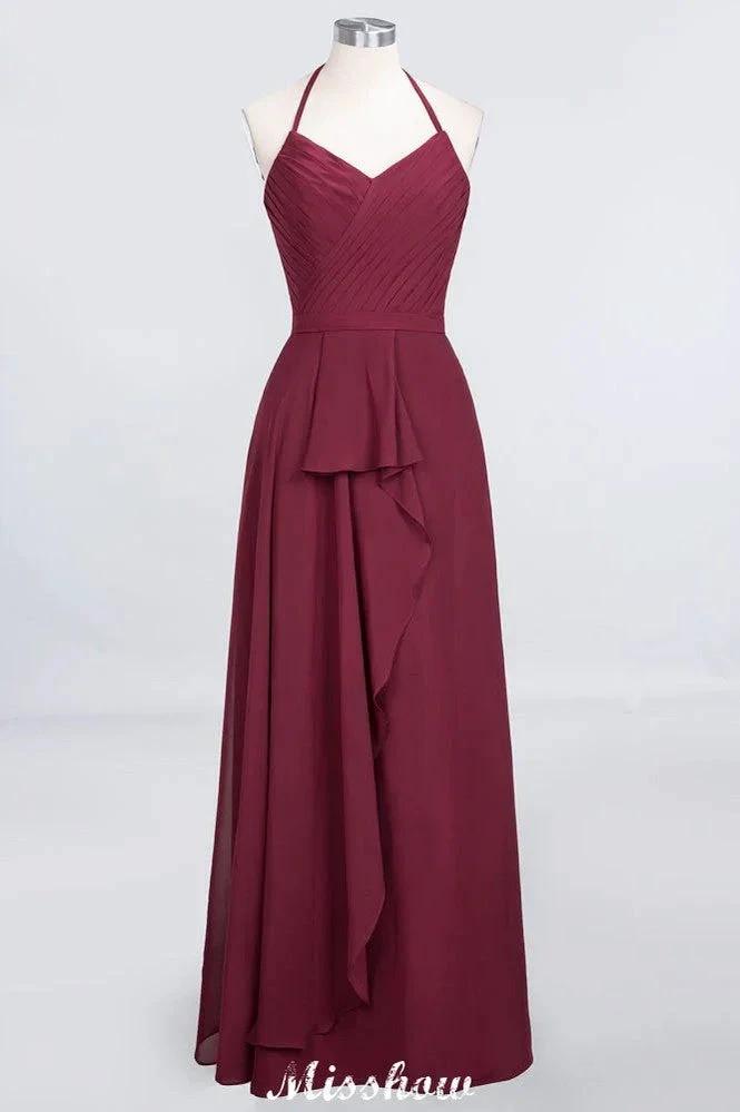 A-Line Chiffon Halter V-Neck Sleeveless Floor-Length Bridesmaid Dress with Ruffle (ZD12895) - VelvetHem