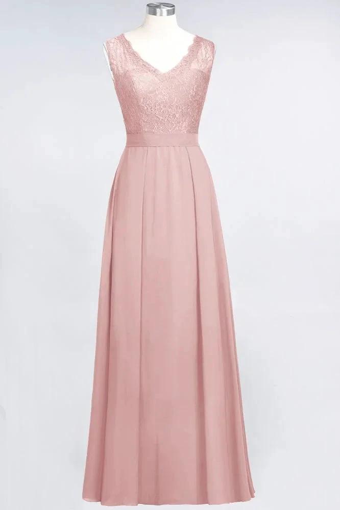 A-Line Chiffon Lace V-Neck Sleeveless Floor-Length Bridesmaid Dresses with Ruffles by misshow.com