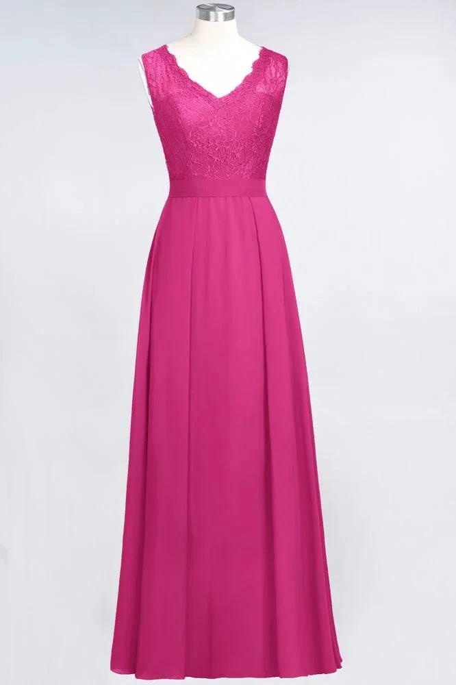 A-Line Chiffon Lace V-Neck Sleeveless Floor-Length Bridesmaid Dresses with Ruffles by misshow.com