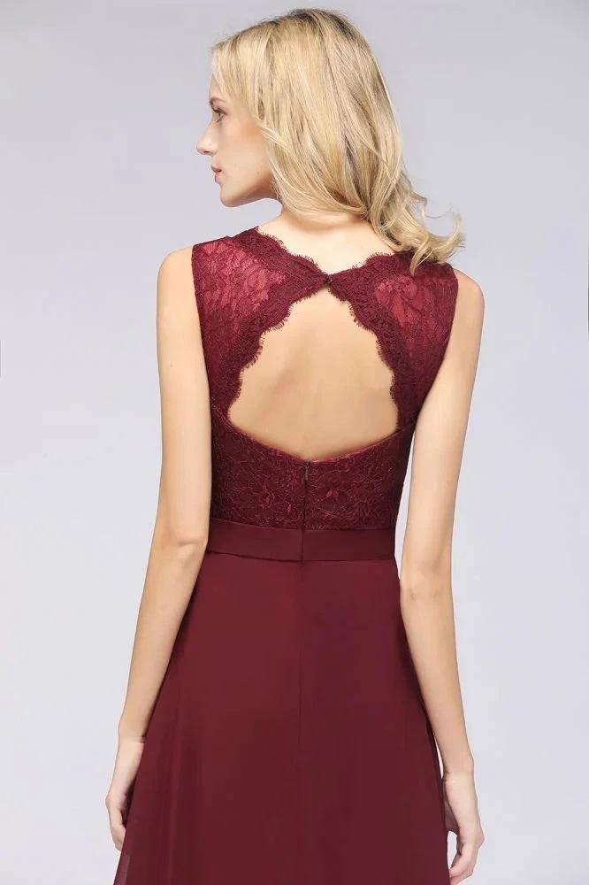 A-Line Chiffon Lace V-Neck Sleeveless Floor-Length Bridesmaid Dresses with Ruffles (ZD13101)