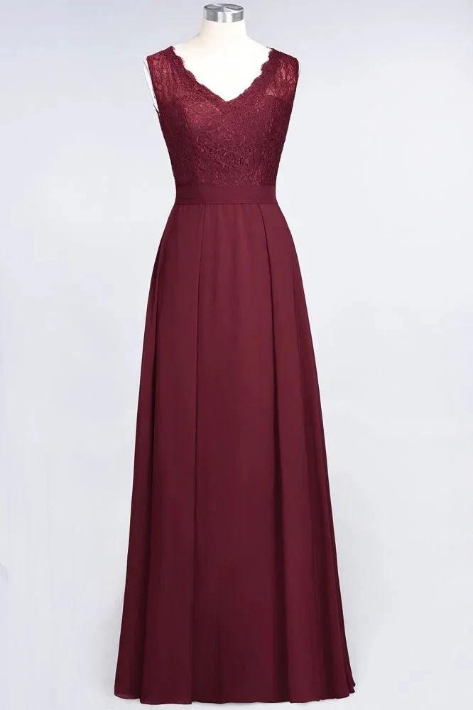 A-Line Chiffon Lace V-Neck Sleeveless Floor-Length Bridesmaid Dresses with Ruffles by misshow.com