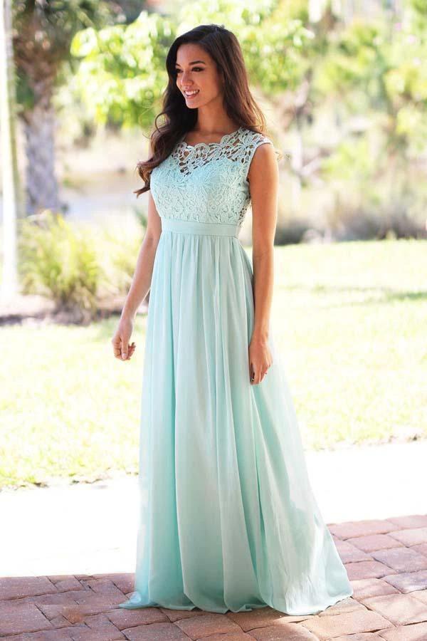 A-Line Crew Floor-Length Mint Chiffon Bridesmaid Dress with Lace (ZD13217) - VelvetHem