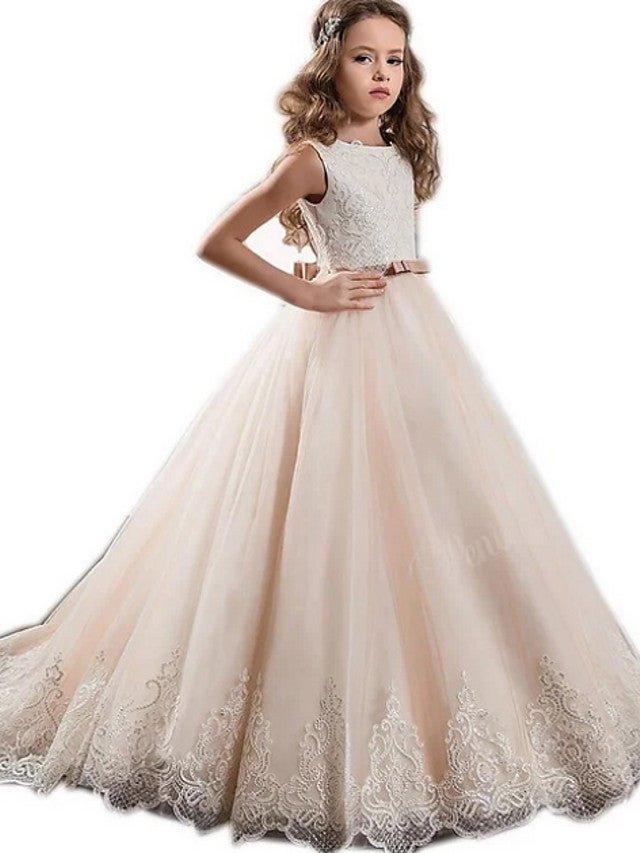A-Line Crew Neck Sweep Brush Train Satin Tulle Flower Girl Dresses - VelvetHem