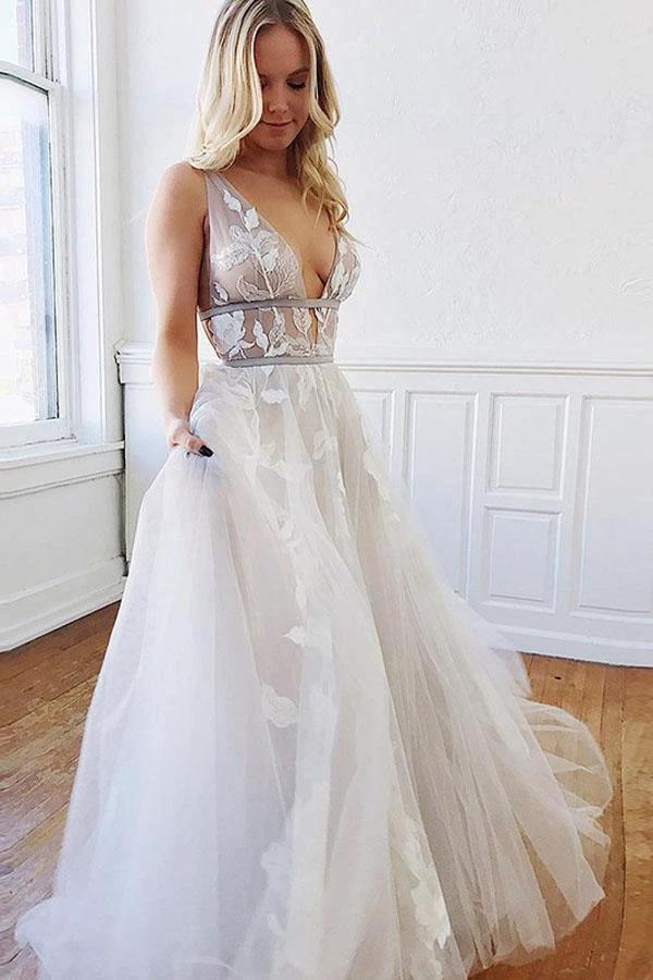 A Line Deep V-Neck Backless White Wedding Dress With Appliques (ZD15315) - VelvetHem