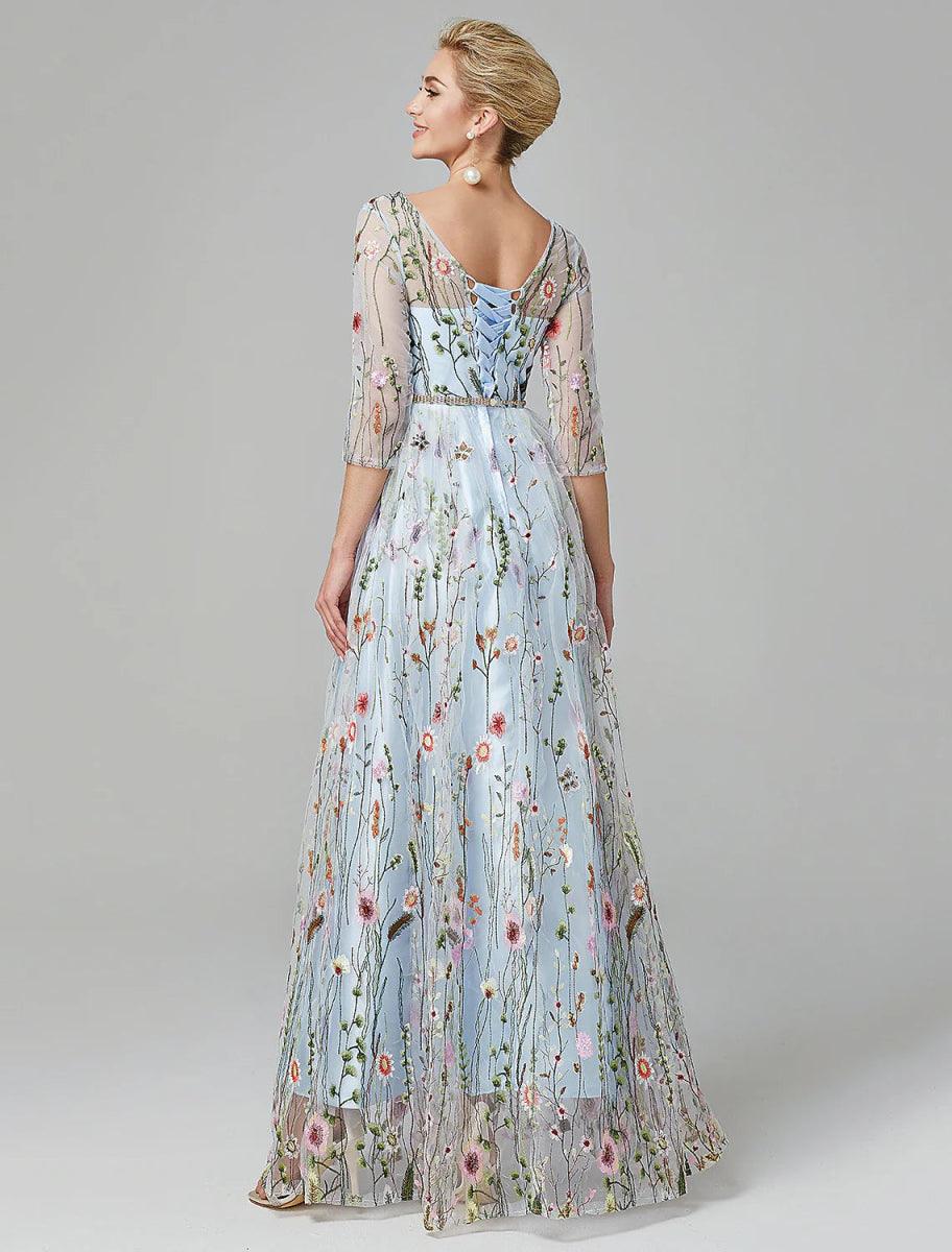 Sunnderly A-Line Evening Gown Party Dress Floral Dress Holiday Wedding Guest Floor Length 3/4 Length Sleeve Illusion Neck Lace with Embroidery
