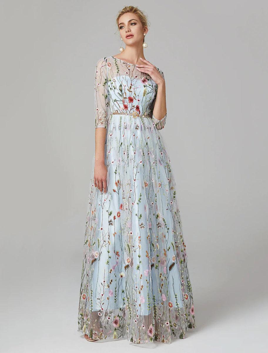 Sunnderly A-Line Evening Gown Party Dress Floral Dress Holiday Wedding Guest Floor Length 3/4 Length Sleeve Illusion Neck Lace with Embroidery