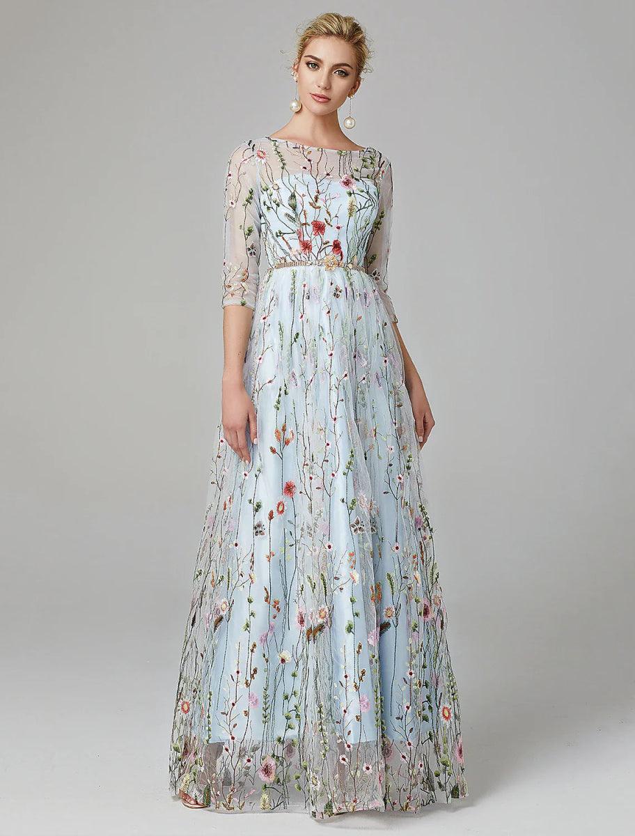 Sunnderly A-Line Evening Gown Party Dress Floral Dress Holiday Wedding Guest Floor Length 3/4 Length Sleeve Illusion Neck Lace with Embroidery - VelvetHem