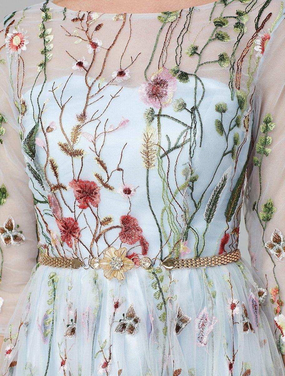Sunnderly A-Line Evening Gown Party Dress Floral Dress Holiday Wedding Guest Floor Length 3/4 Length Sleeve Illusion Neck Lace with Embroidery